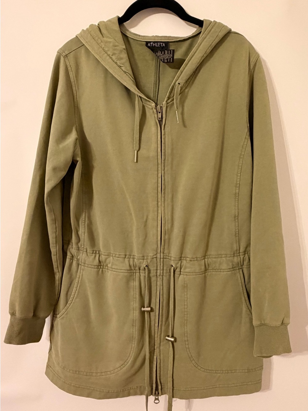 Athleta Olive Green Drawstring Cinch Waist Hooded Full Zip Longline Jacket Sz S
